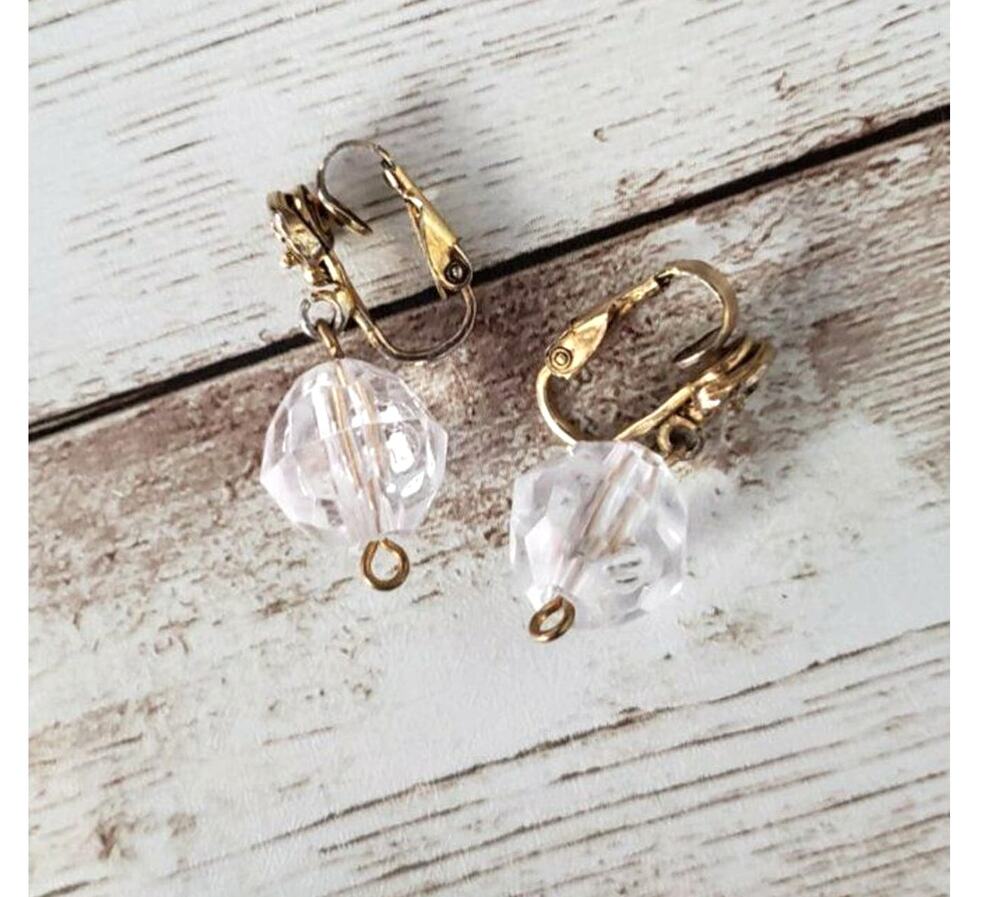Vintage Clip On Earrings Elegant Simple Dangle Clear Bead